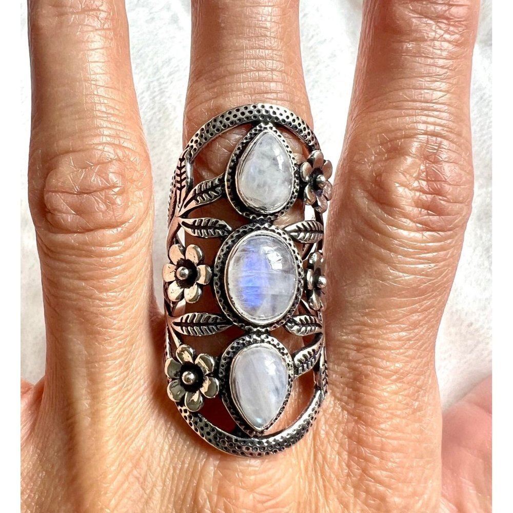 925 Flower Child Rainbow Flash Moonstone Shield Ring 6 - Picture 4 of 13